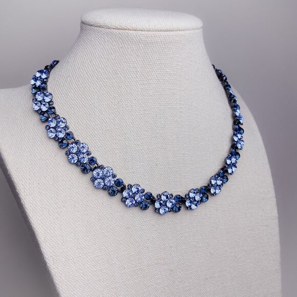 Givenchy Pastel Navy Blue Rhinestone Jewel Crystal Flower Floral Choker Necklace - Picture 11 of 12